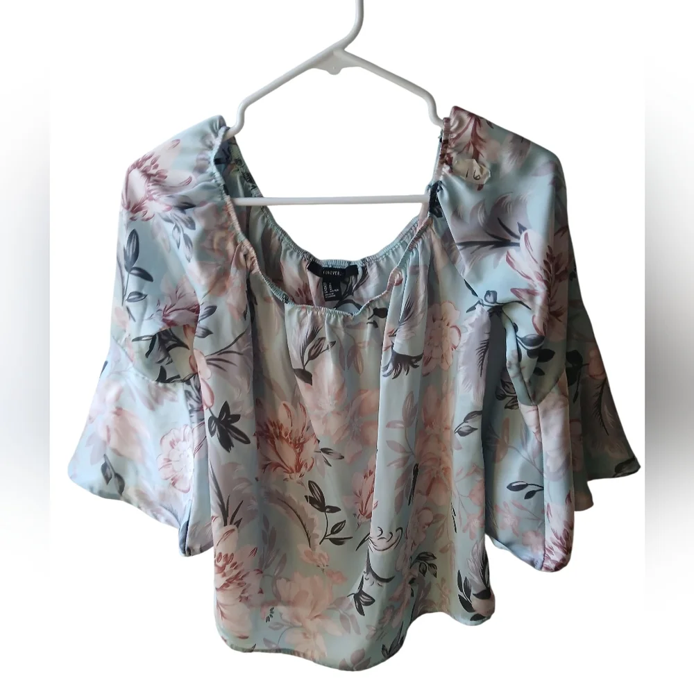 Forever 21 Women's Floral Blouse Light Blue Pink M - Picture 4 of 6